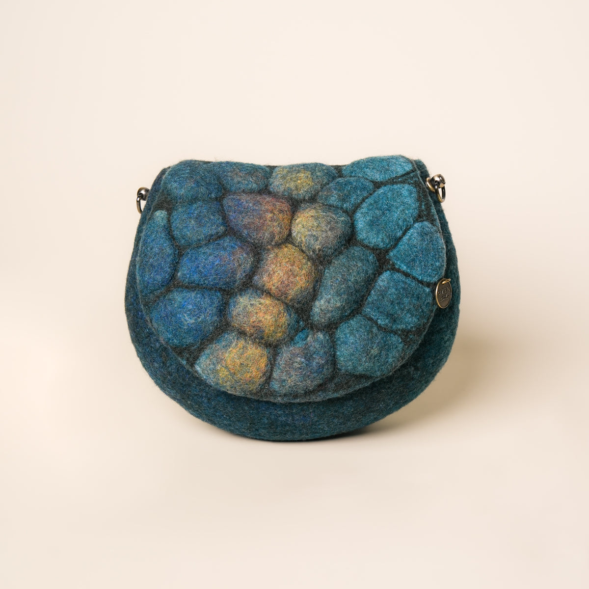 Pebbles Saddle Bag, handmade wet-felted wool, studio photo 1