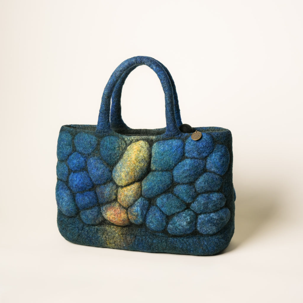 Pebbles Studio Bag, handmade wet-felted wool, studio photo 1