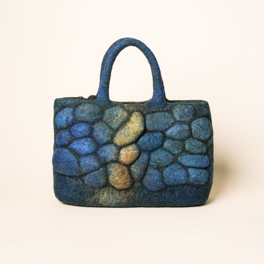 Pebbles Studio Bag, handmade wet-felted wool, studio photo 2