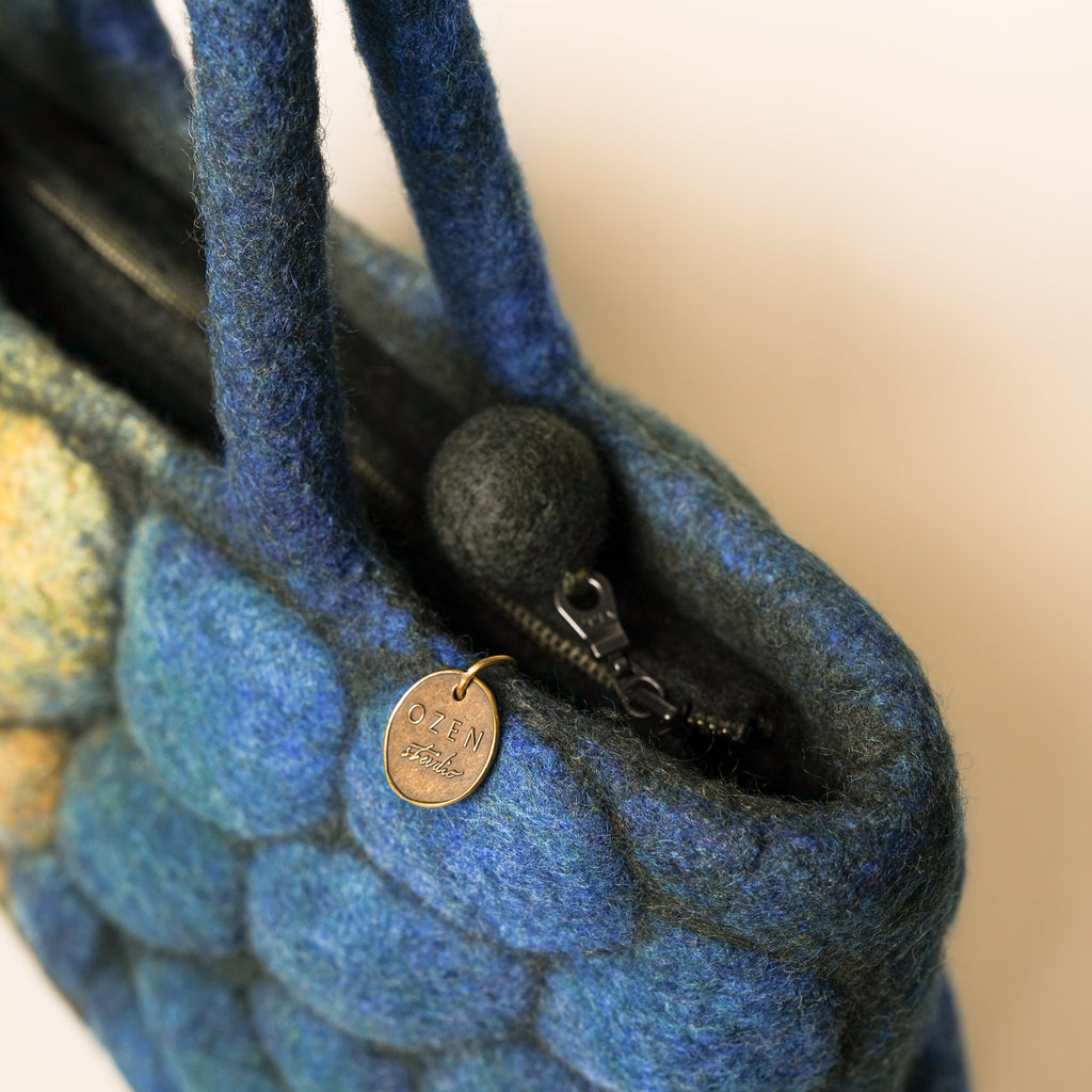 Pebbles Studio Bag, handmade wet-felted wool, studio photo 4