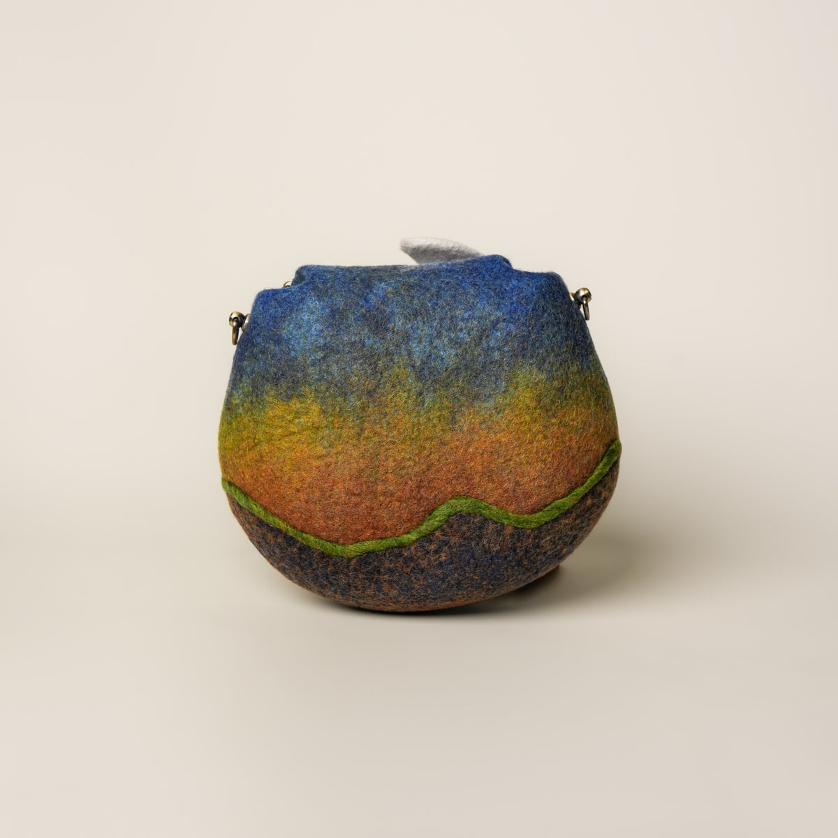 Heron Saddle Bag, handmade wet-felted wool, studio photo 2