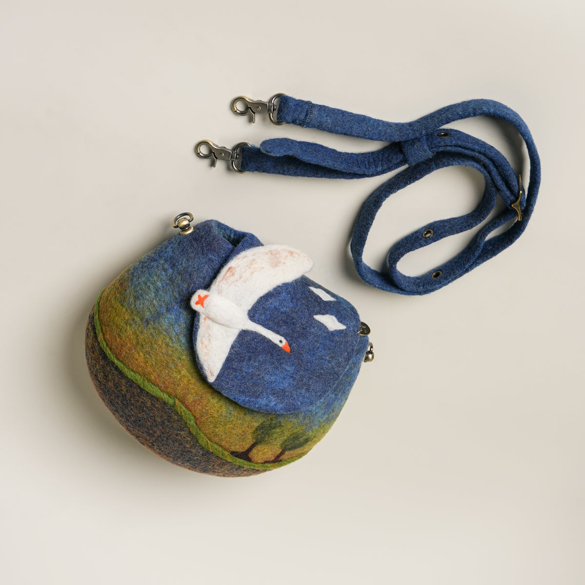 Heron Saddle Bag, handmade wet-felted wool, studio photo 3