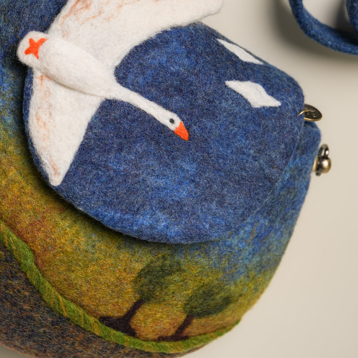 Heron Saddle Bag, handmade wet-felted wool, studio photo 5