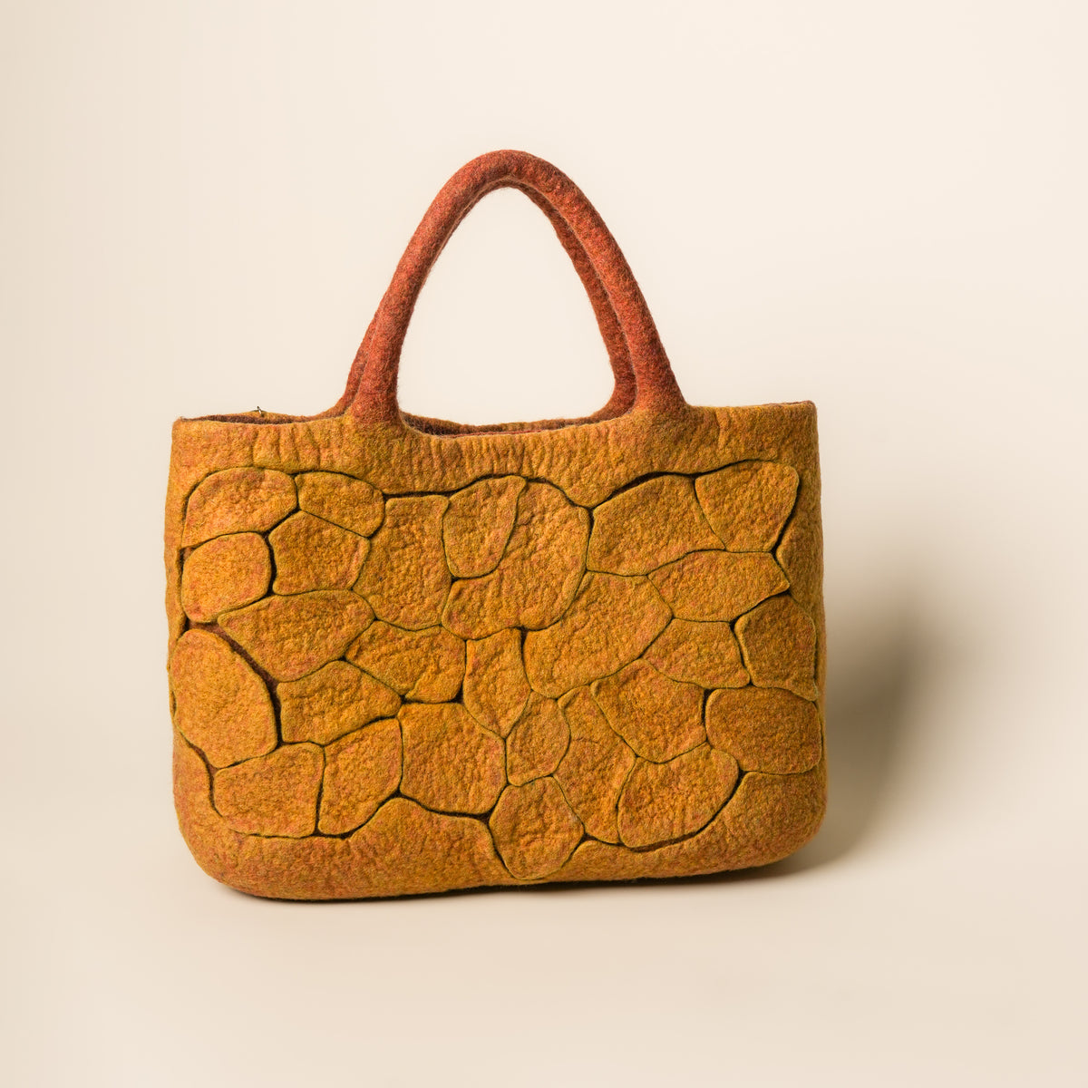 Mosaic Amber Studio Bag, handmade wet-felted wool, studio photo 2
