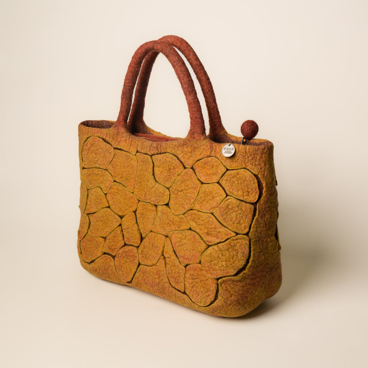 Mosaic Amber Studio Bag, handmade wet-felted wool, studio photo 5