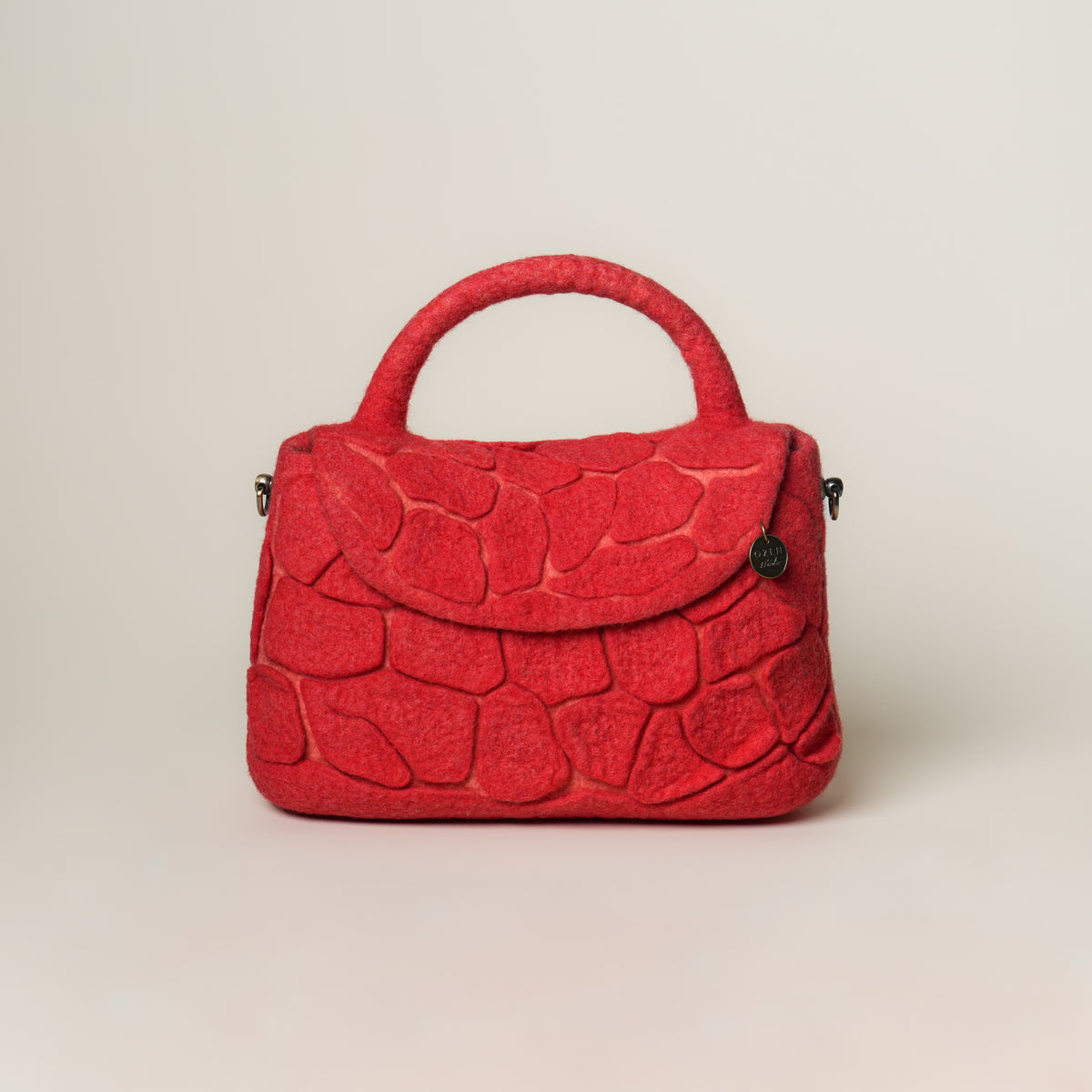 Mosaic Ruby Satchel Bag, handmade wet-felted wool, studio photo 1