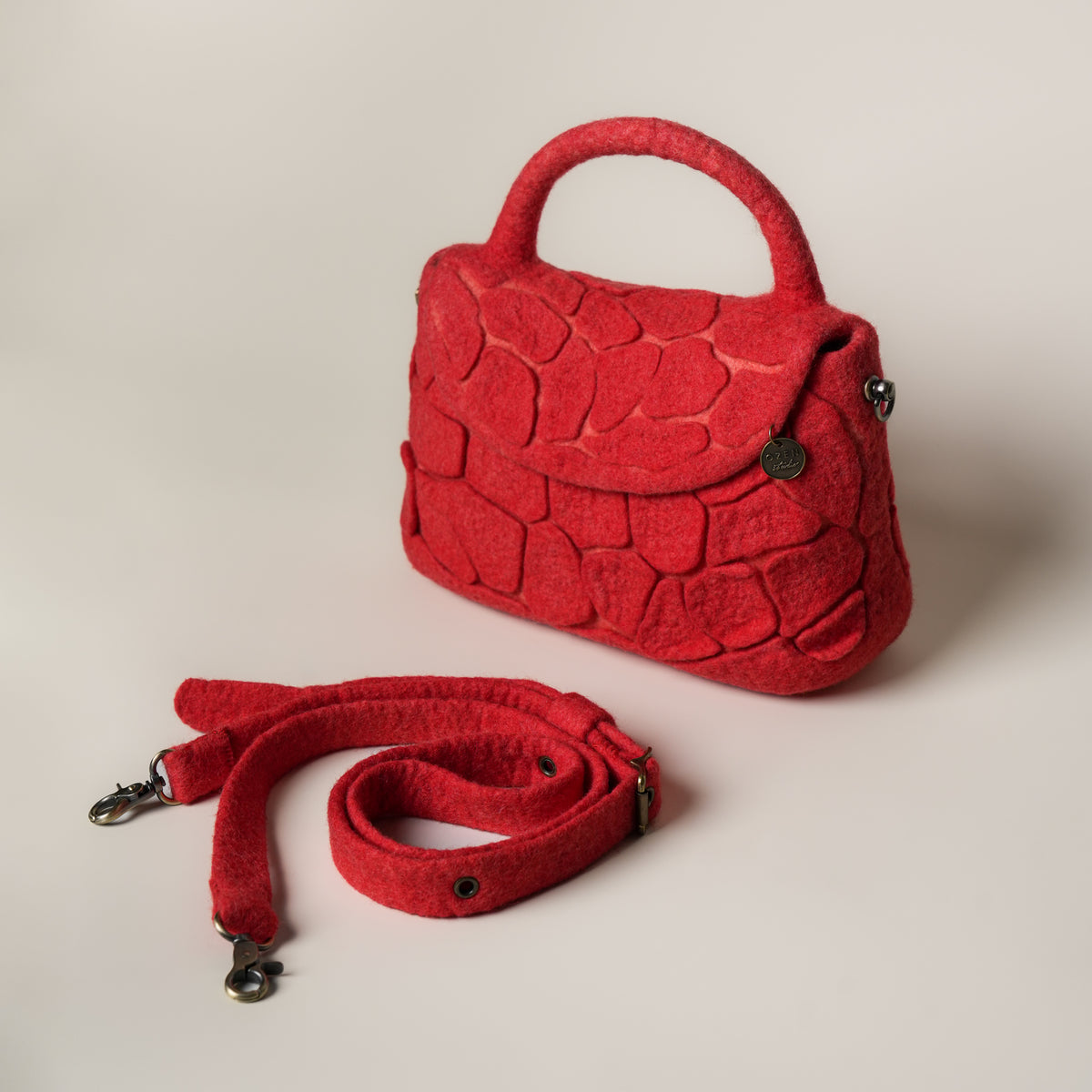 Mosaic Ruby Satchel Bag, handmade wet-felted wool, studio photo 3