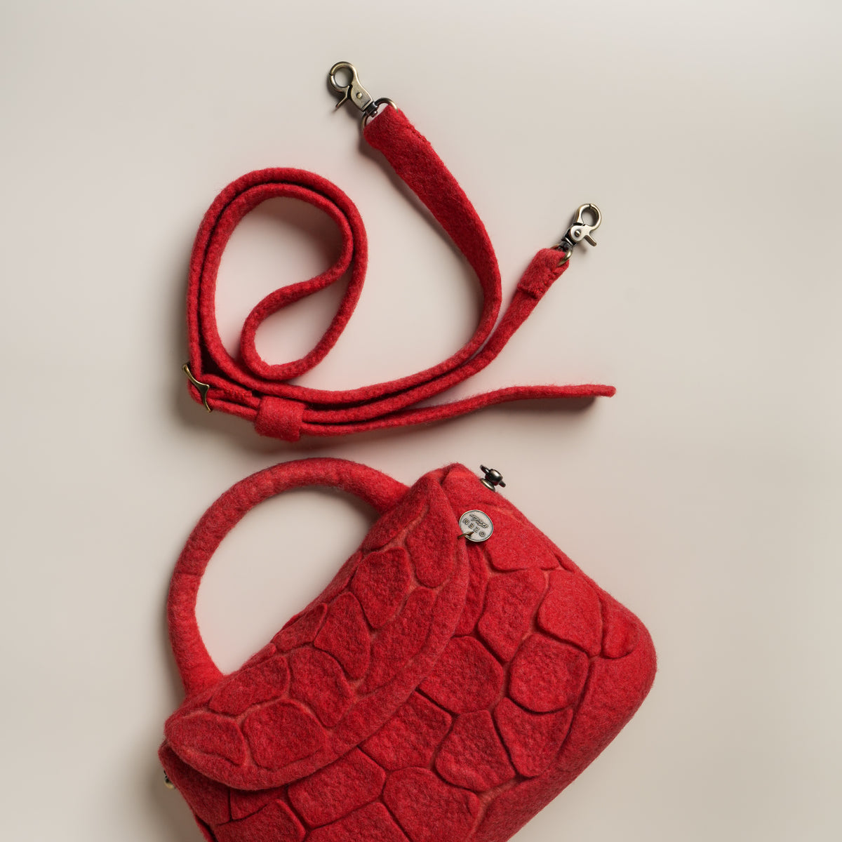 Mosaic Ruby Satchel Bag, handmade wet-felted wool, studio photo 4