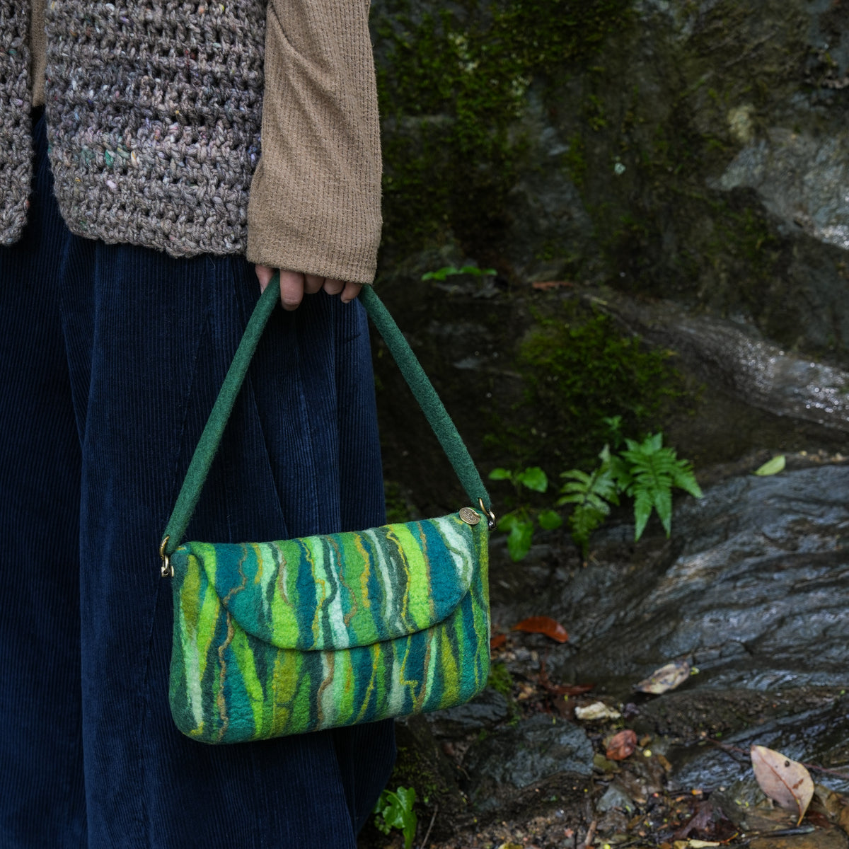 Evergreen Baguette Bag, handmade wet-felted wool, lifestyle photo 2