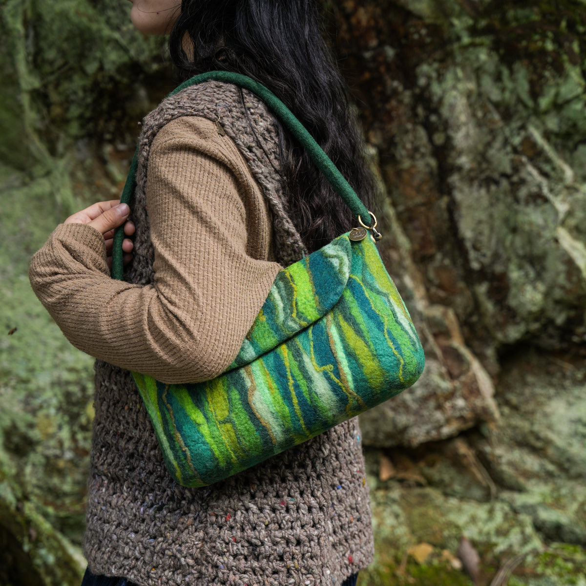 Evergreen Baguette Bag, handmade wet-felted wool, lifestyle photo 3