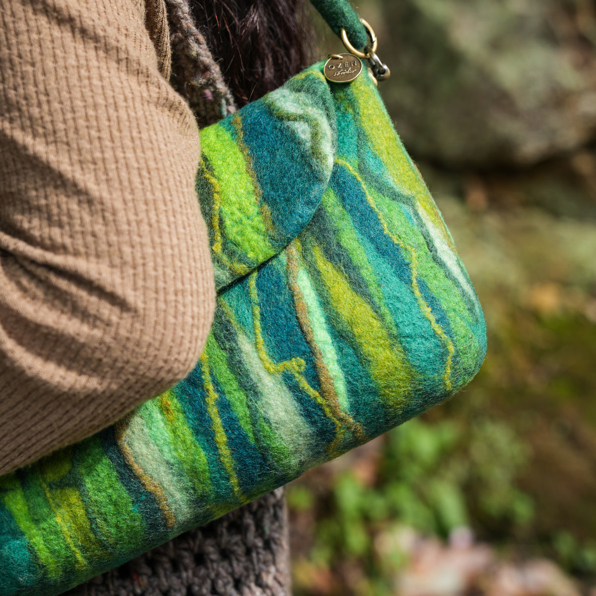 Evergreen Baguette Bag, handmade wet-felted wool, lifestyle photo 4