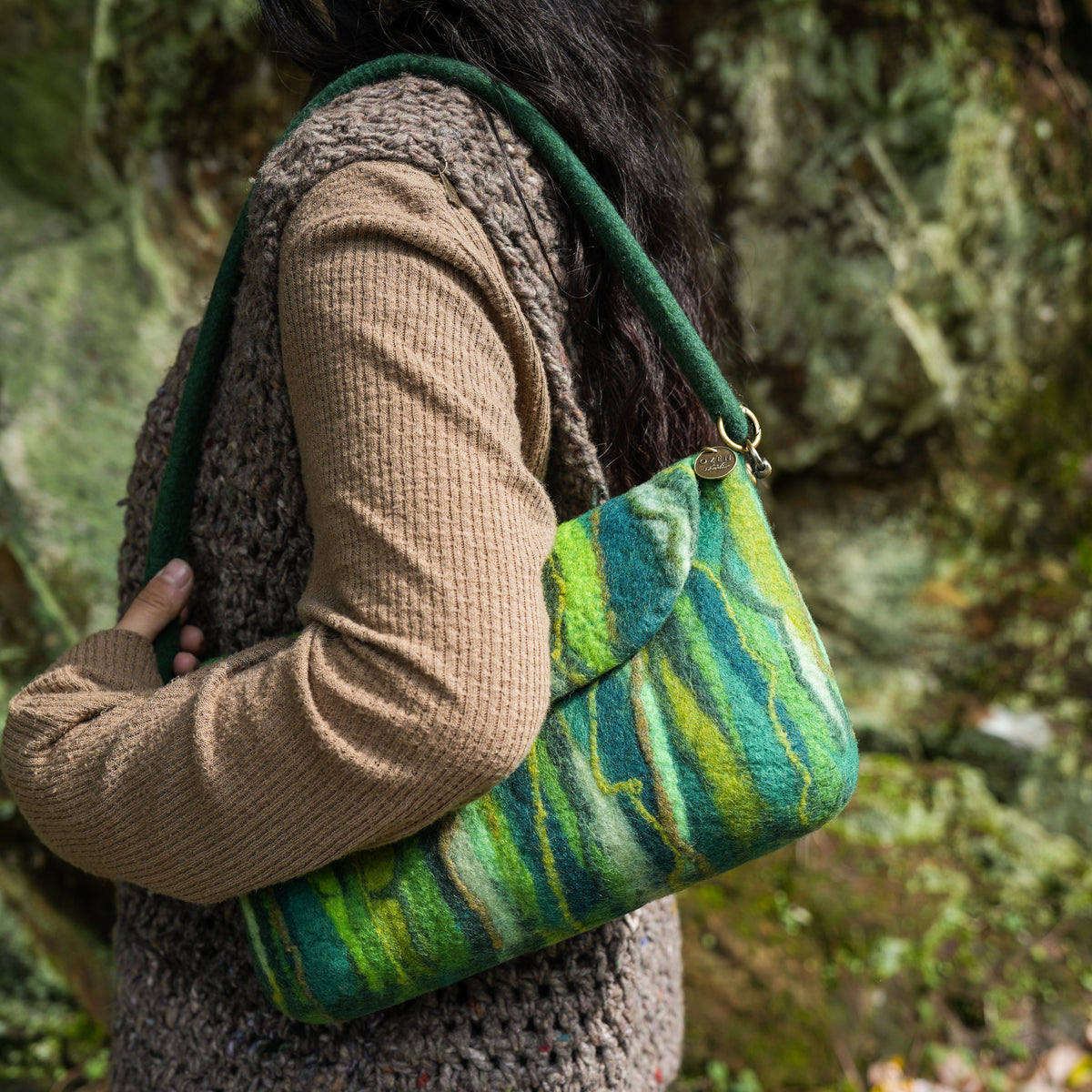 Evergreen Baguette Bag, handmade wet-felted wool, lifestyle photo 5