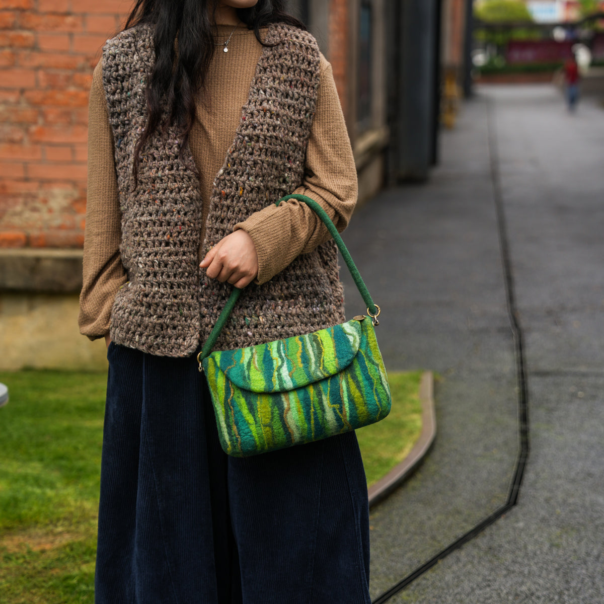 Evergreen Baguette Bag, handmade wet-felted wool, lifestyle photo 6