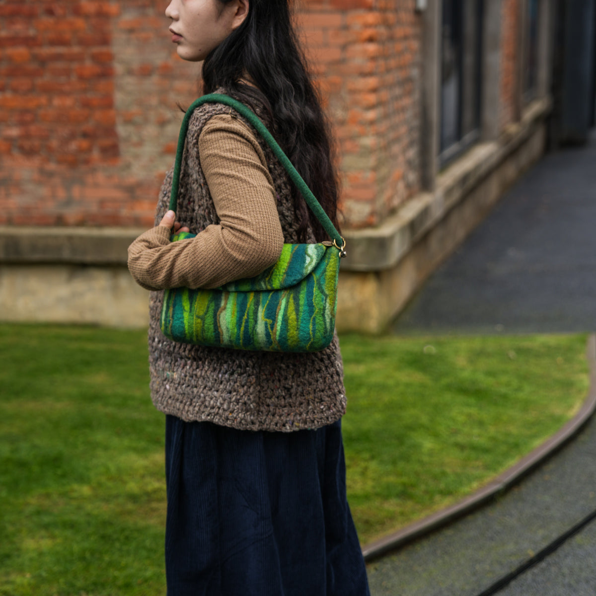 Evergreen Baguette Bag, handmade wet-felted wool, lifestyle photo 7