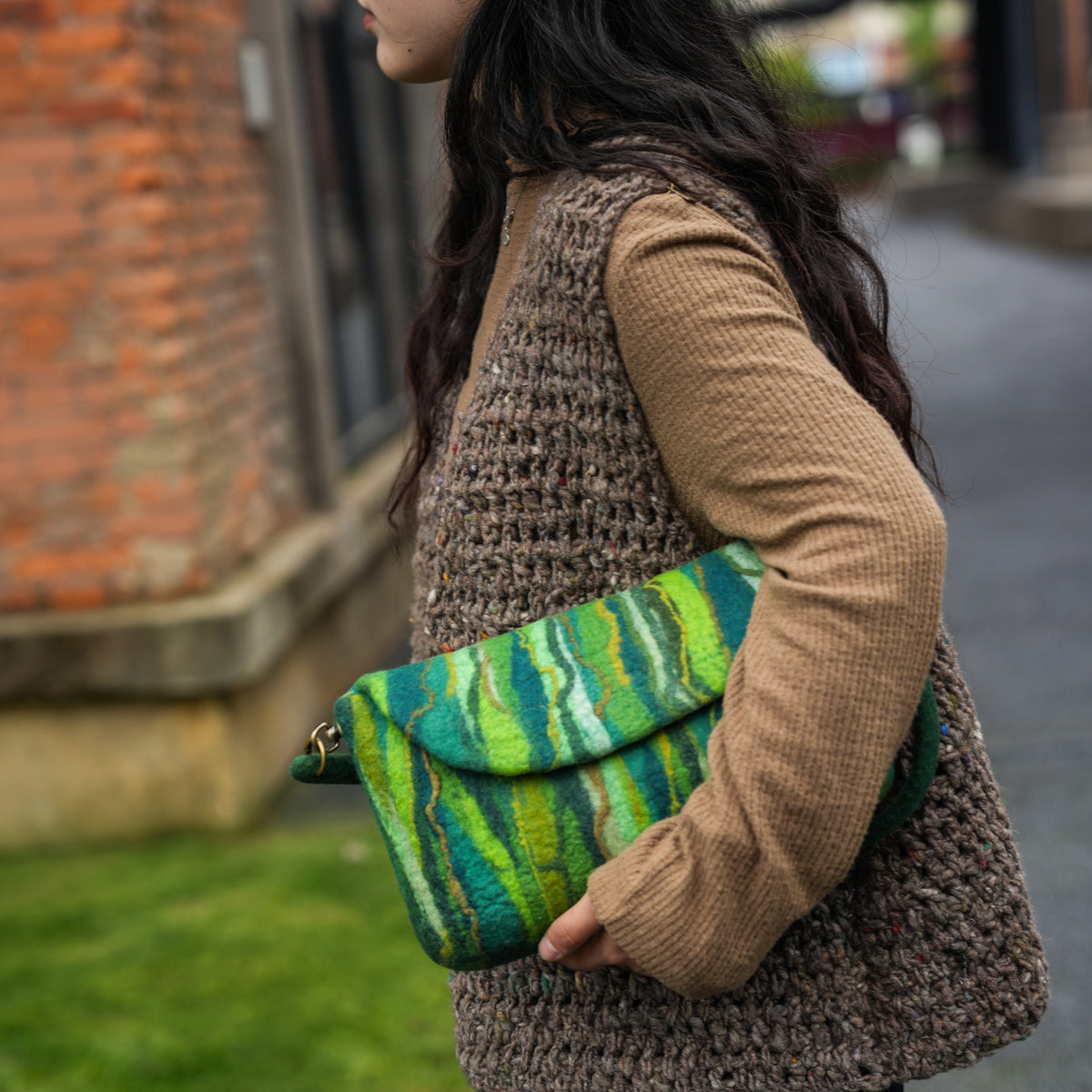 Evergreen Baguette Bag, handmade wet-felted wool, lifestyle photo 8