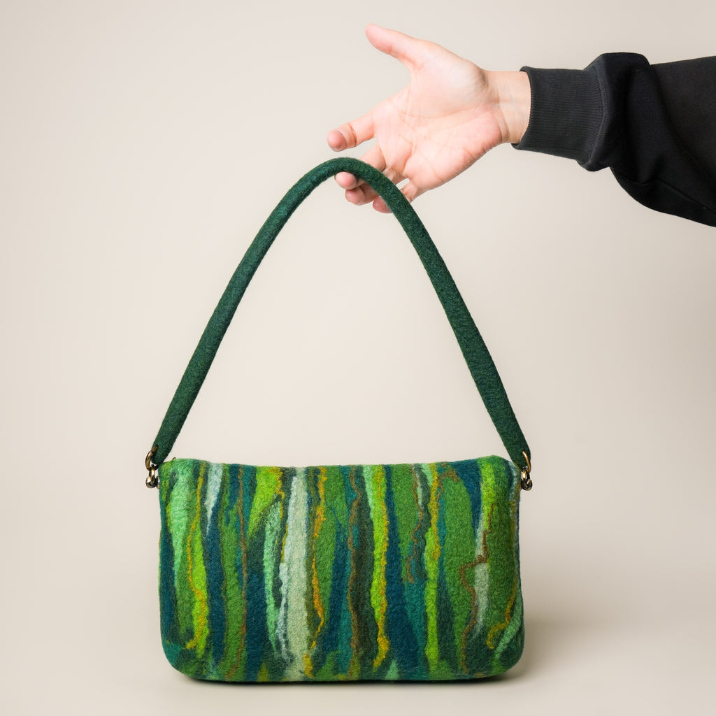 Evergreen Baguette Bag, handmade wet-felted wool, studio photo 2