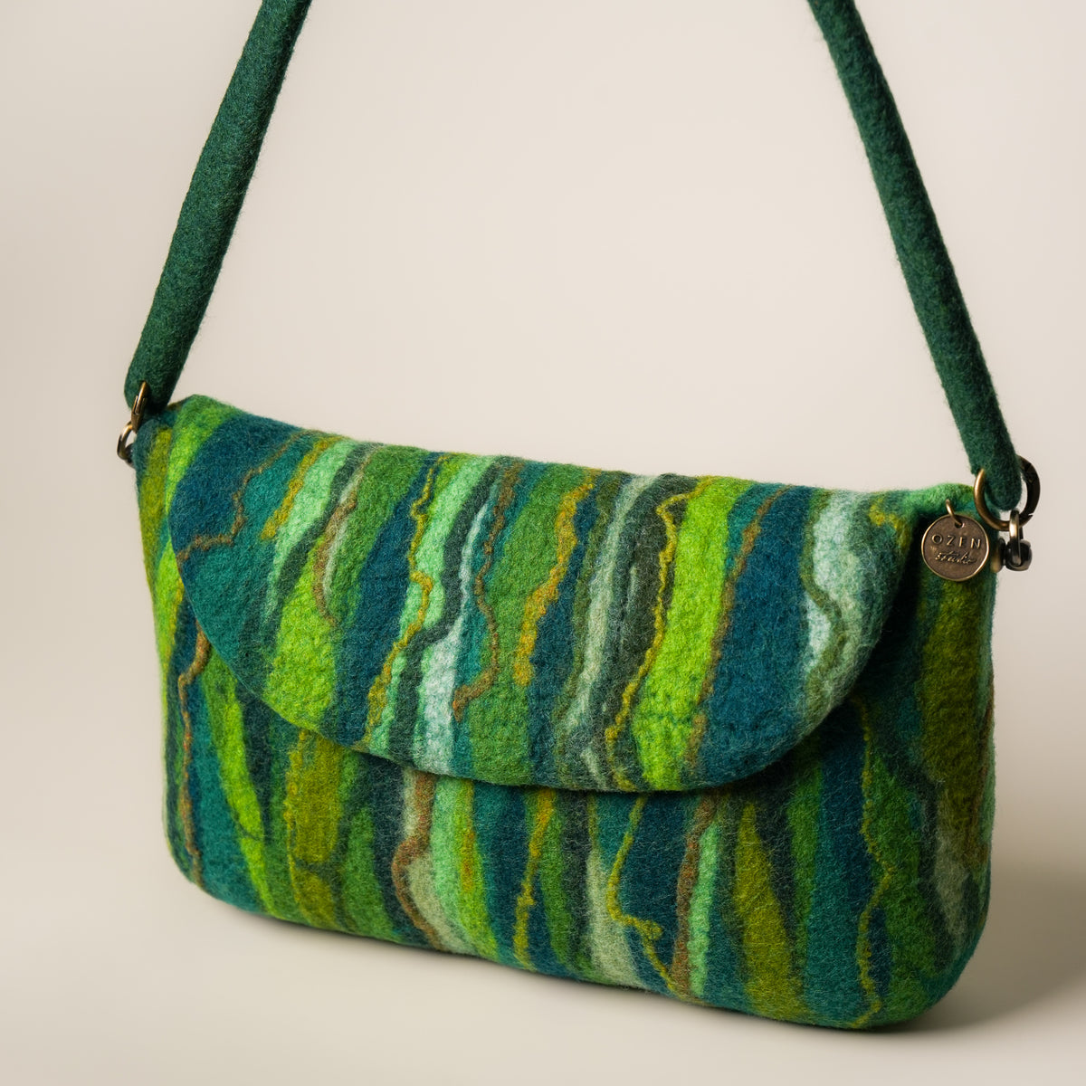 Evergreen Baguette Bag, handmade wet-felted wool, studio photo 5