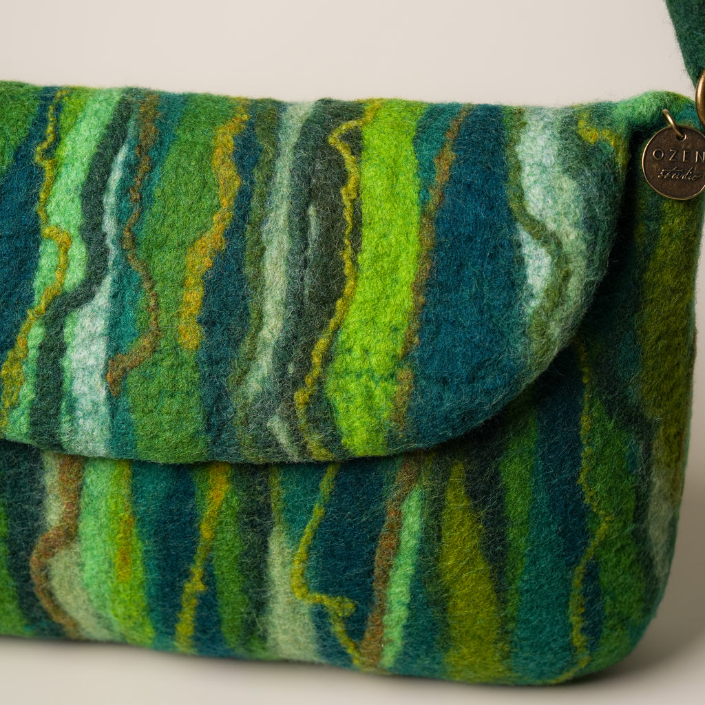 Evergreen Baguette Bag, handmade wet-felted wool, studio photo 6