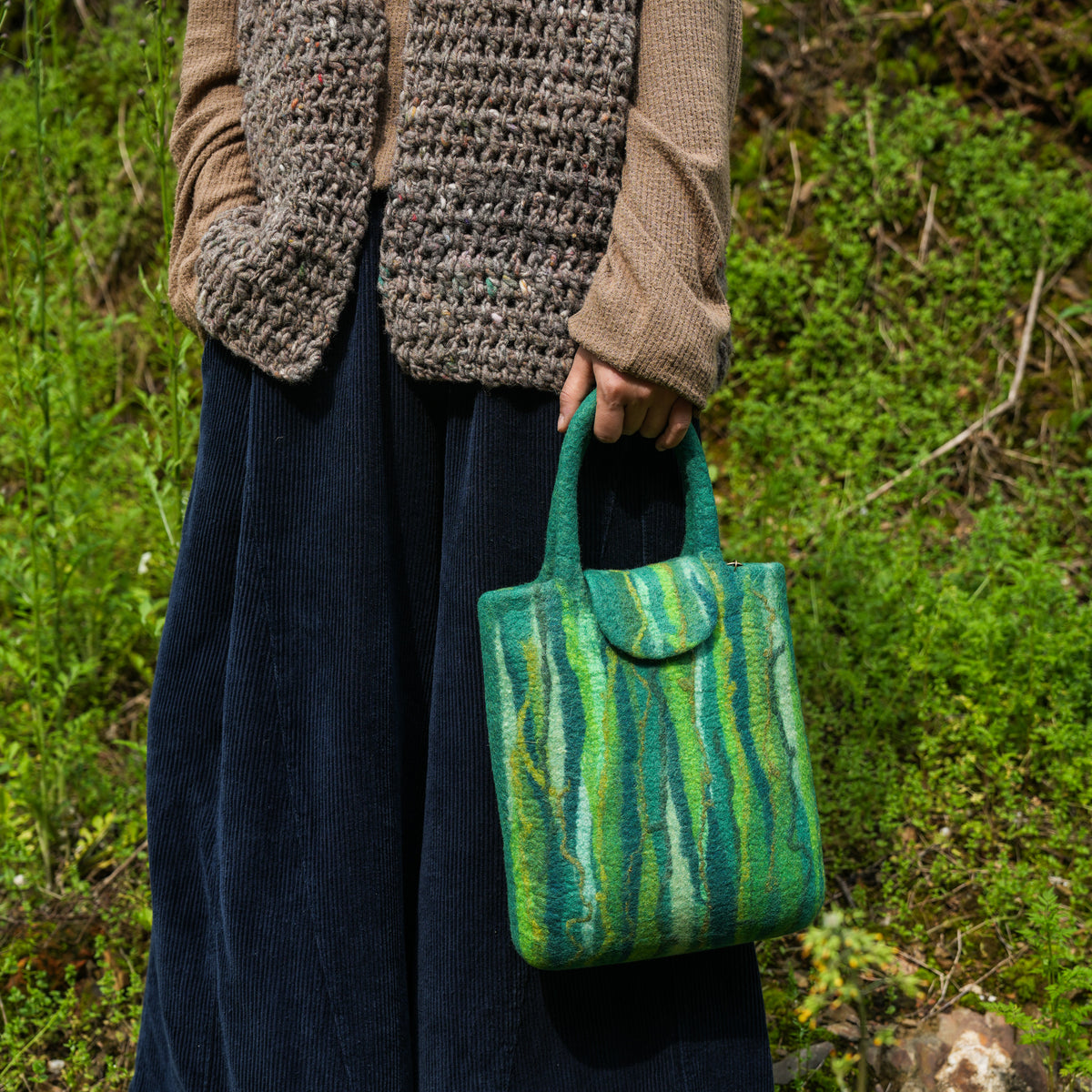 Evergreen Shopper, handmade wet-felted wool, lifestyle photo 1