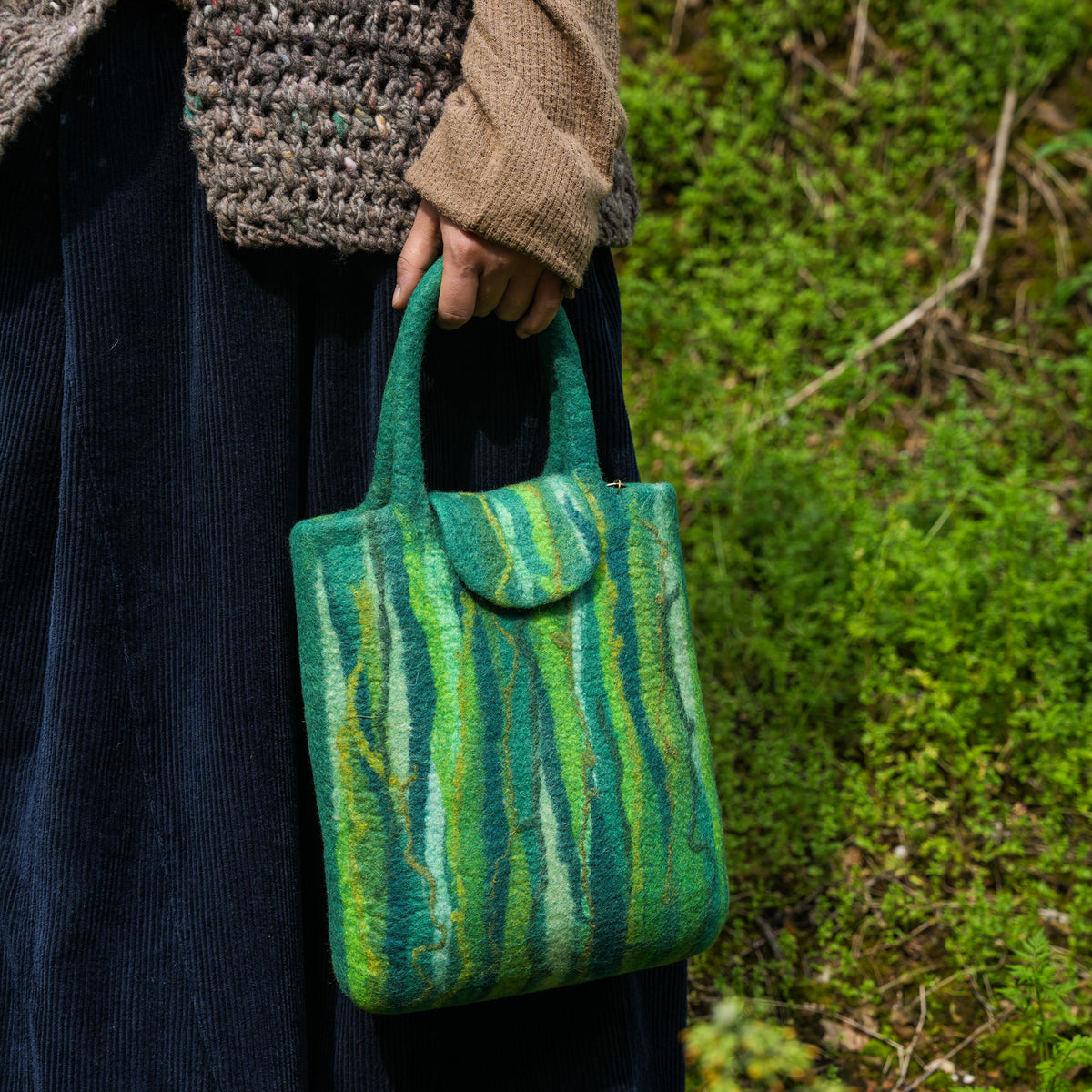 Evergreen Shopper, handmade wet-felted wool, lifestyle photo 2