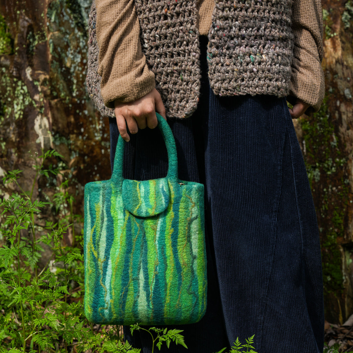 Evergreen Shopper, handmade wet-felted wool, lifestyle photo 3