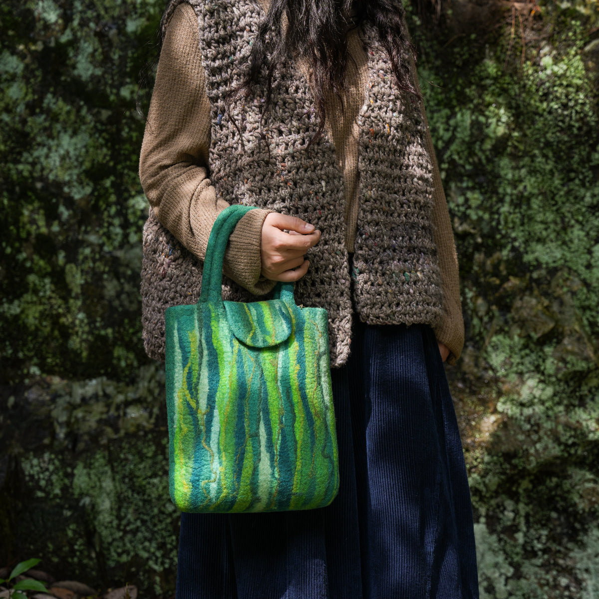 Evergreen Shopper, handmade wet-felted wool, lifestyle photo 4