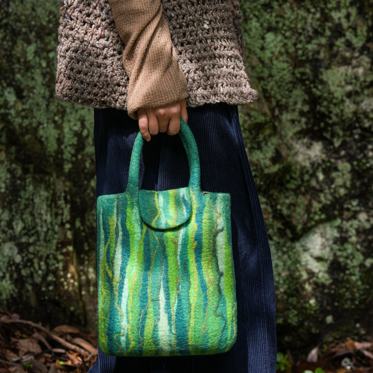 Evergreen Shopper, handmade wet-felted wool, lifestyle photo 5