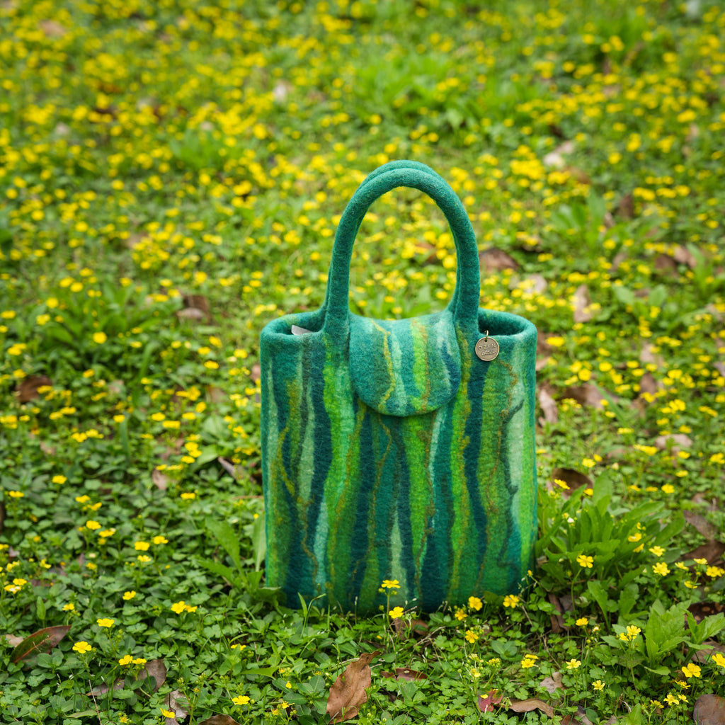 Evergreen Shopper, handmade wet-felted wool, lifestyle photo 6