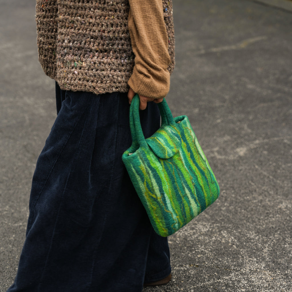 Evergreen Shopper, handmade wet-felted wool, lifestyle photo 8
