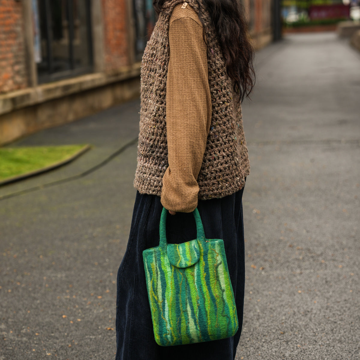 Evergreen Shopper, handmade wet-felted wool, lifestyle photo 9