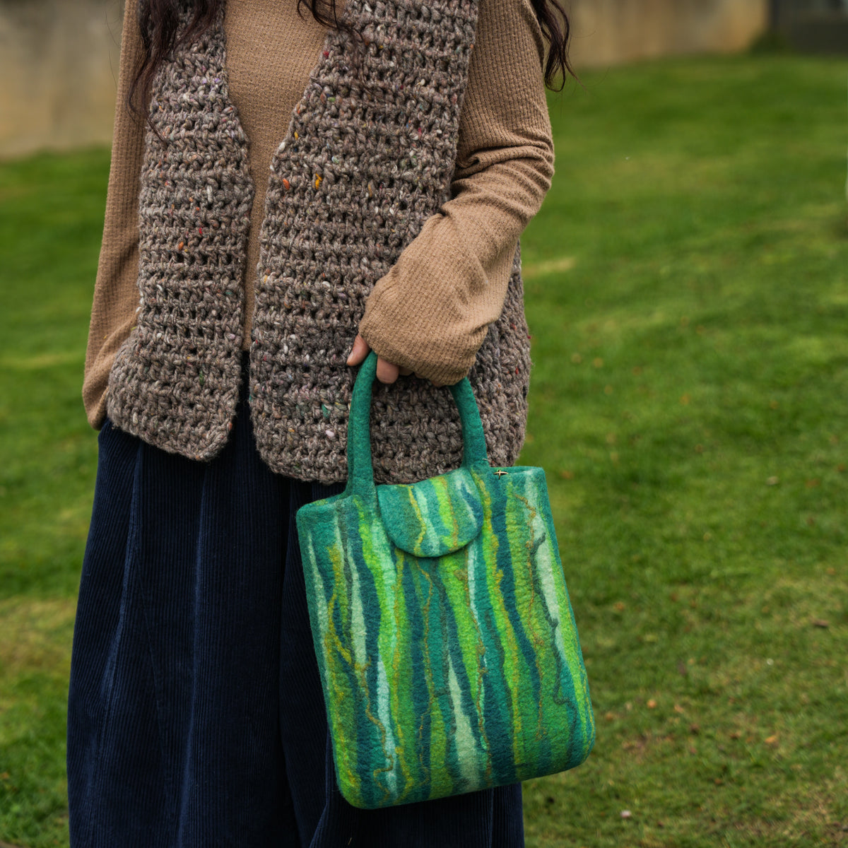 Evergreen Shopper, handmade wet-felted wool, lifestyle photo 10