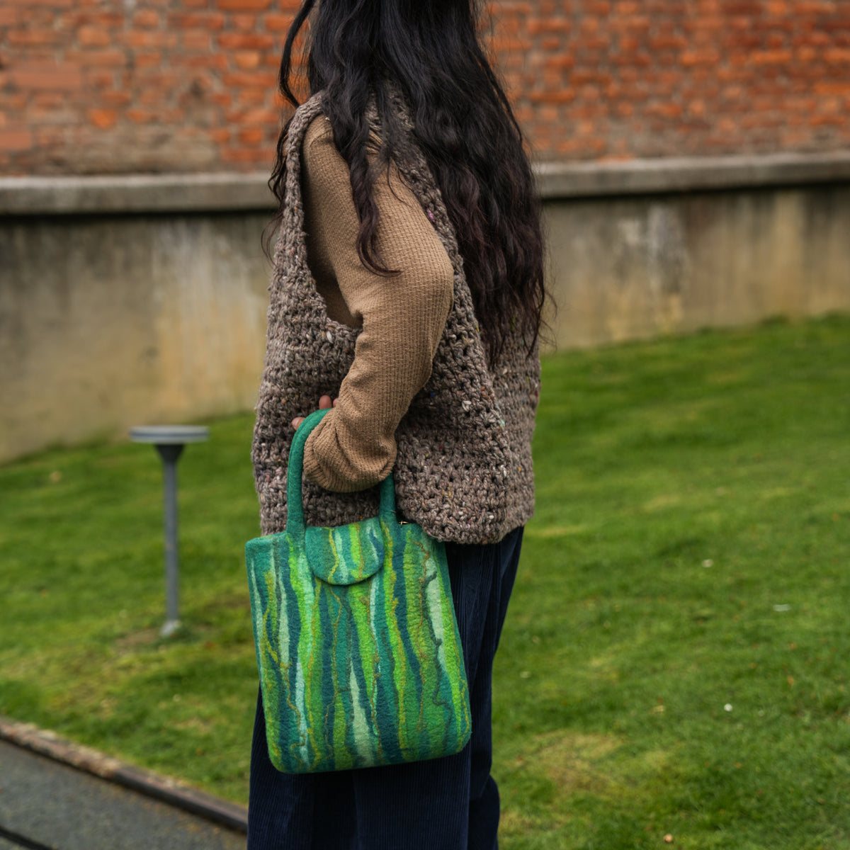 Evergreen Shopper, handmade wet-felted wool, lifestyle photo 11