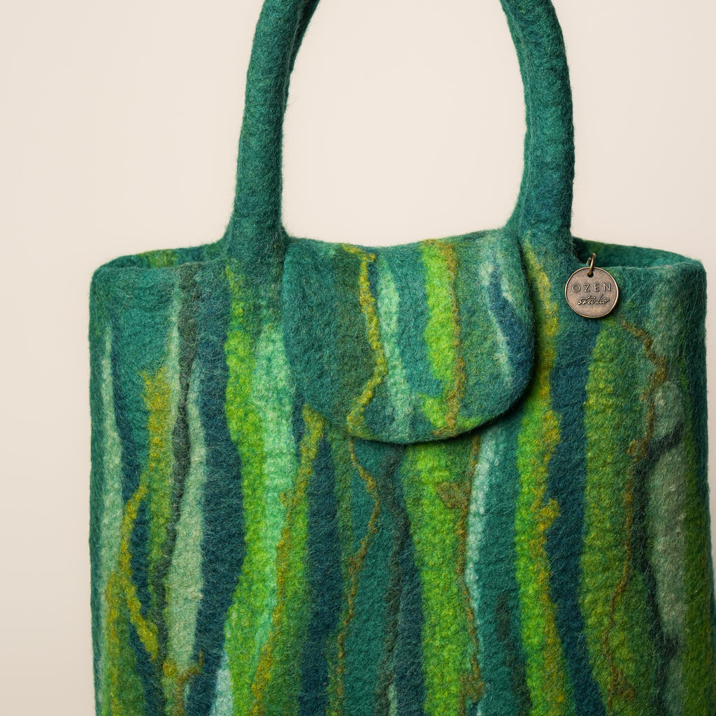 Evergreen Shopper, handmade wet-felted wool, studio photo 1