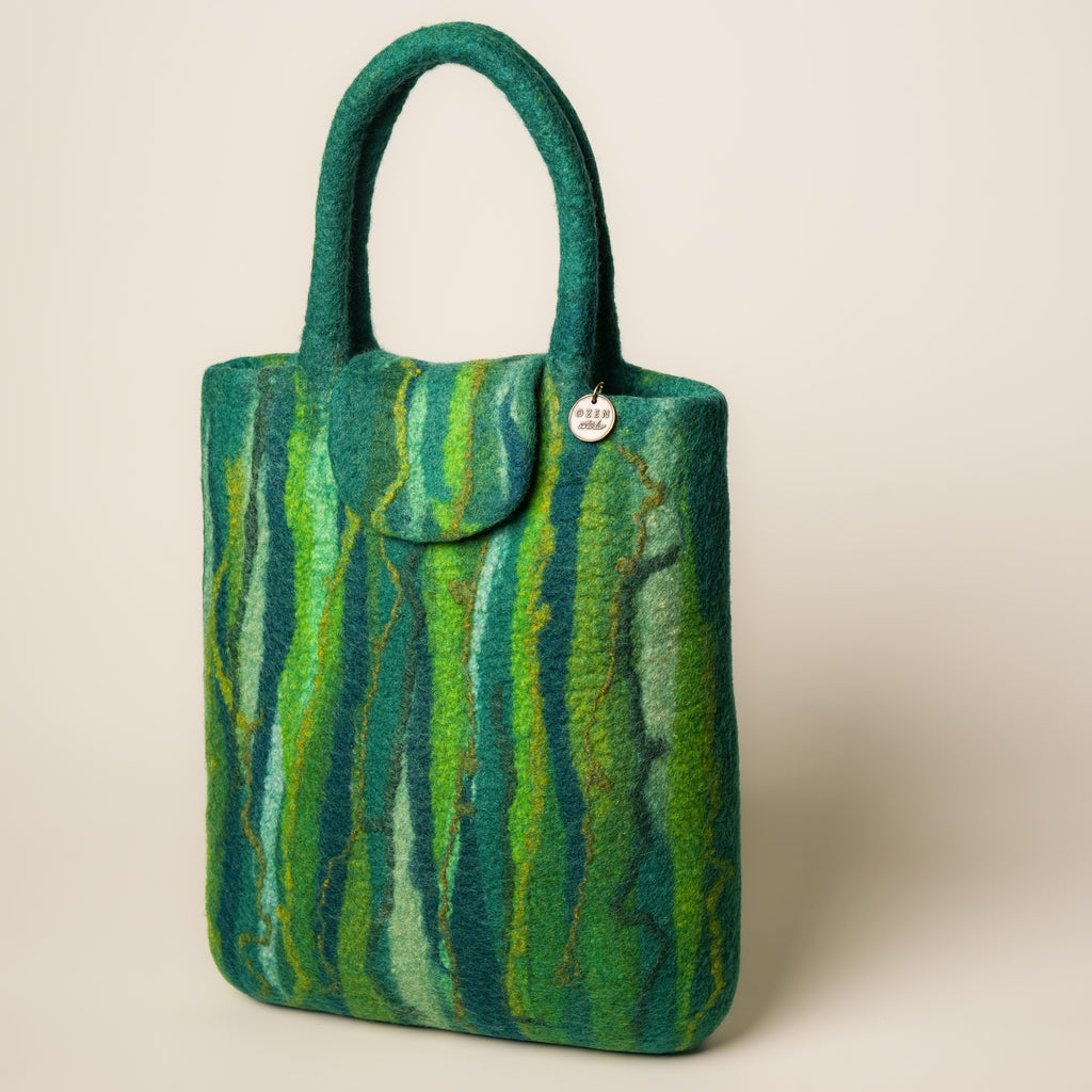 Evergreen Shopper, handmade wet-felted wool, studio photo 2