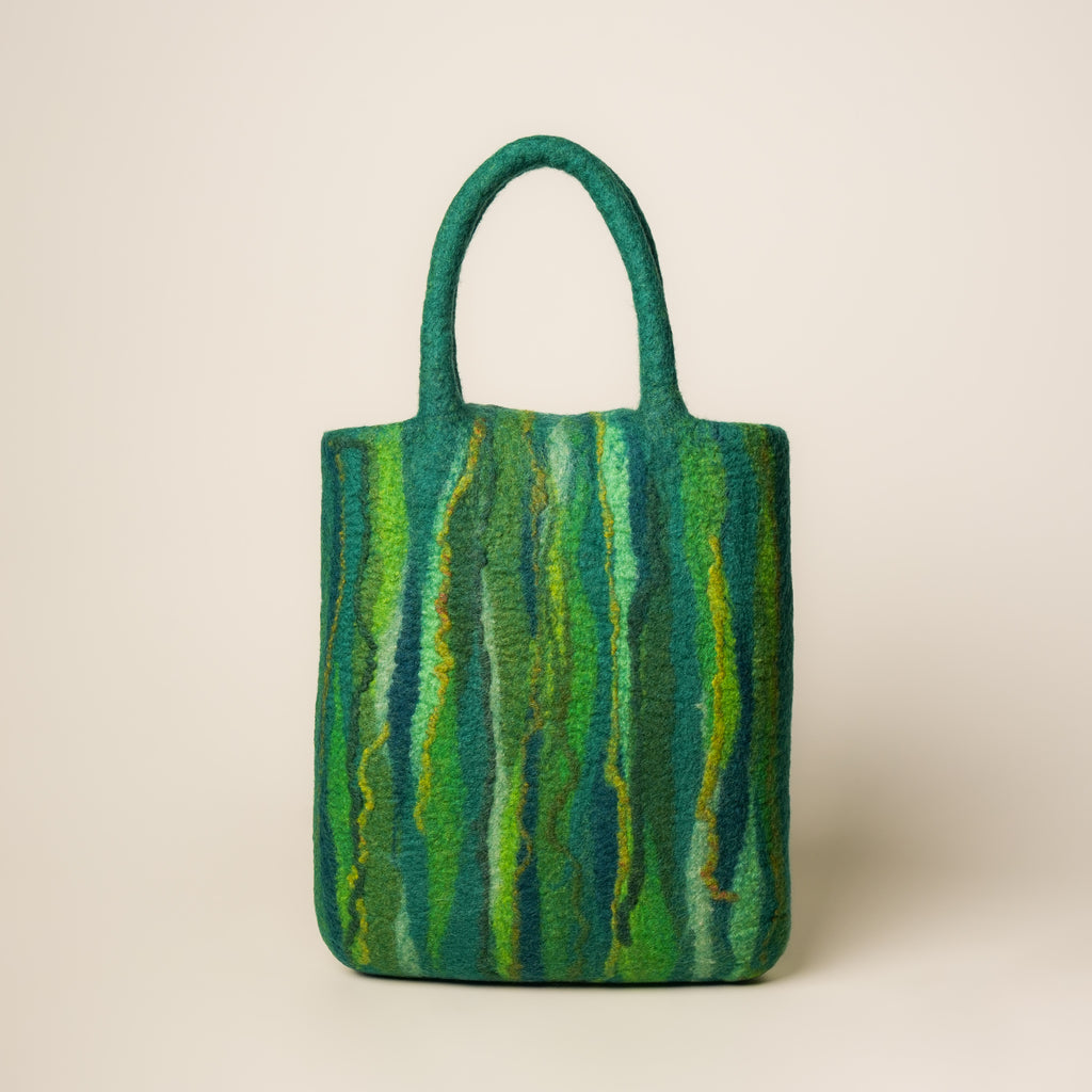 Evergreen Shopper, handmade wet-felted wool, studio photo 3