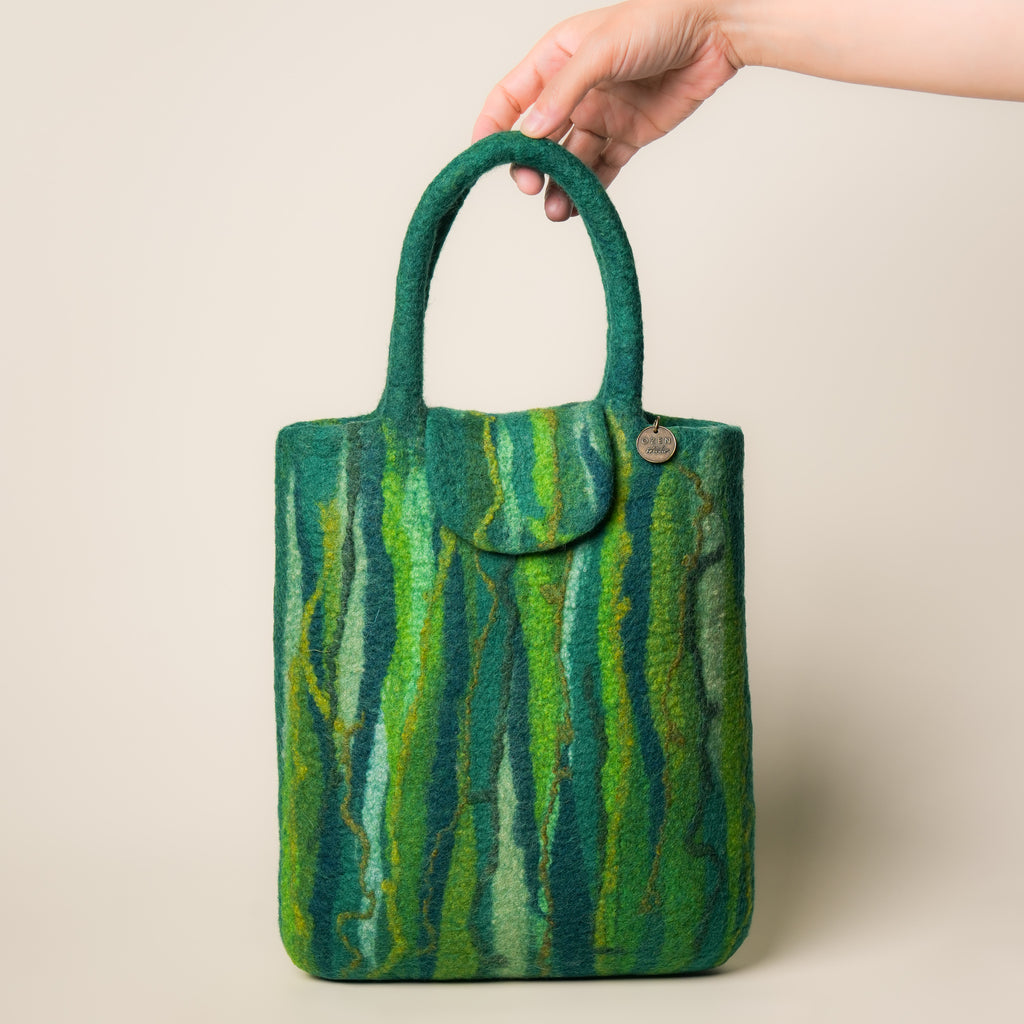 Evergreen Shopper, handmade wet-felted wool, studio photo 4