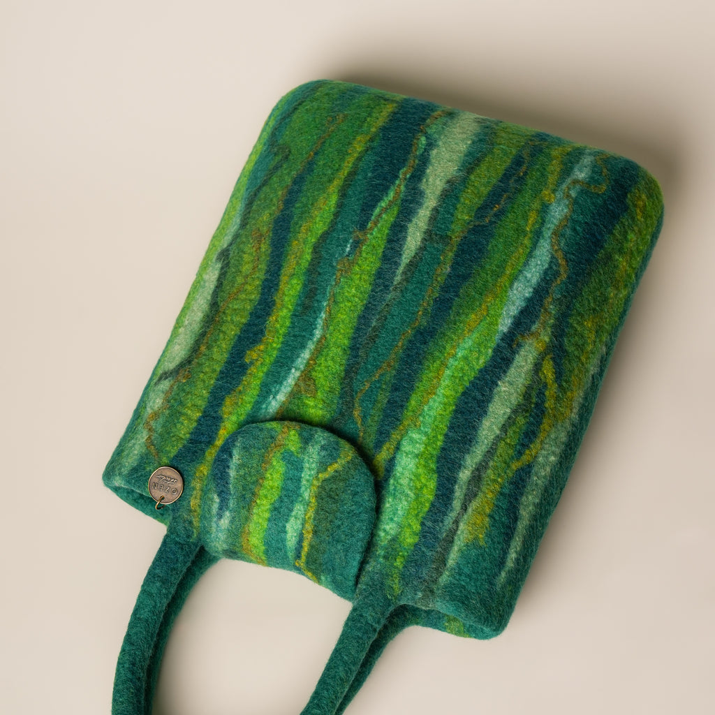 Evergreen Shopper, handmade wet-felted wool, studio photo 5