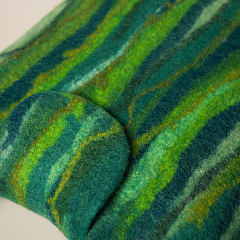 Evergreen Shopper, handmade wet-felted wool, studio photo 6