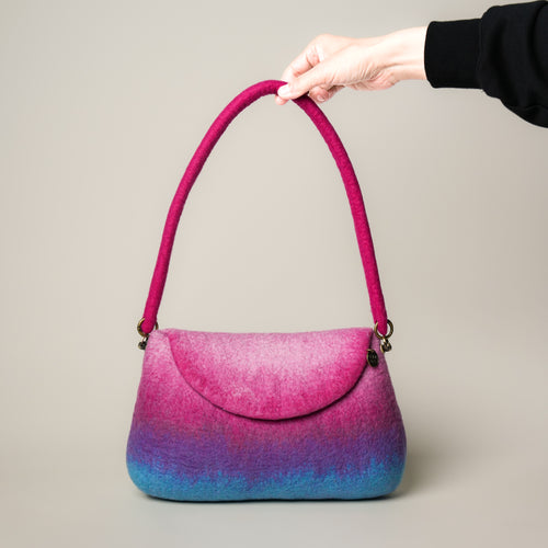 Afterglow Baguette Bag, handmade wet-felted wool, studio photo 1