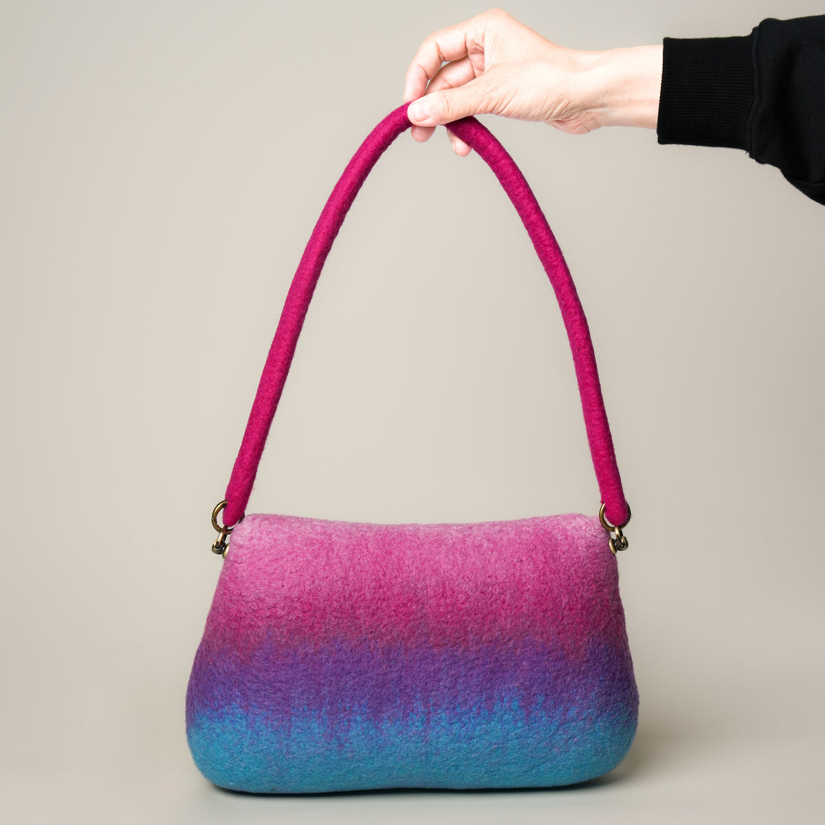 Afterglow Baguette Bag, handmade wet-felted wool, studio photo 2