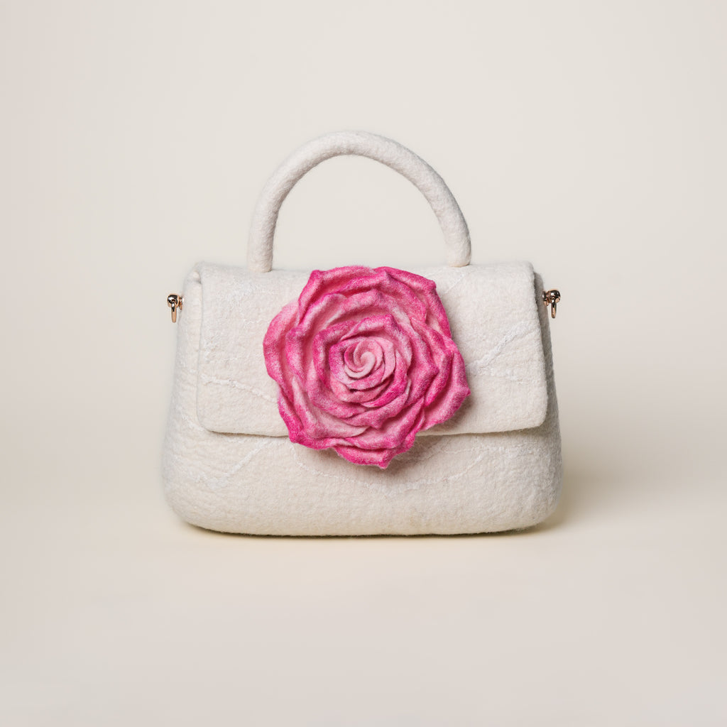 Blossom Satchel Bag, handmade wet-felted wool, studio photo 1