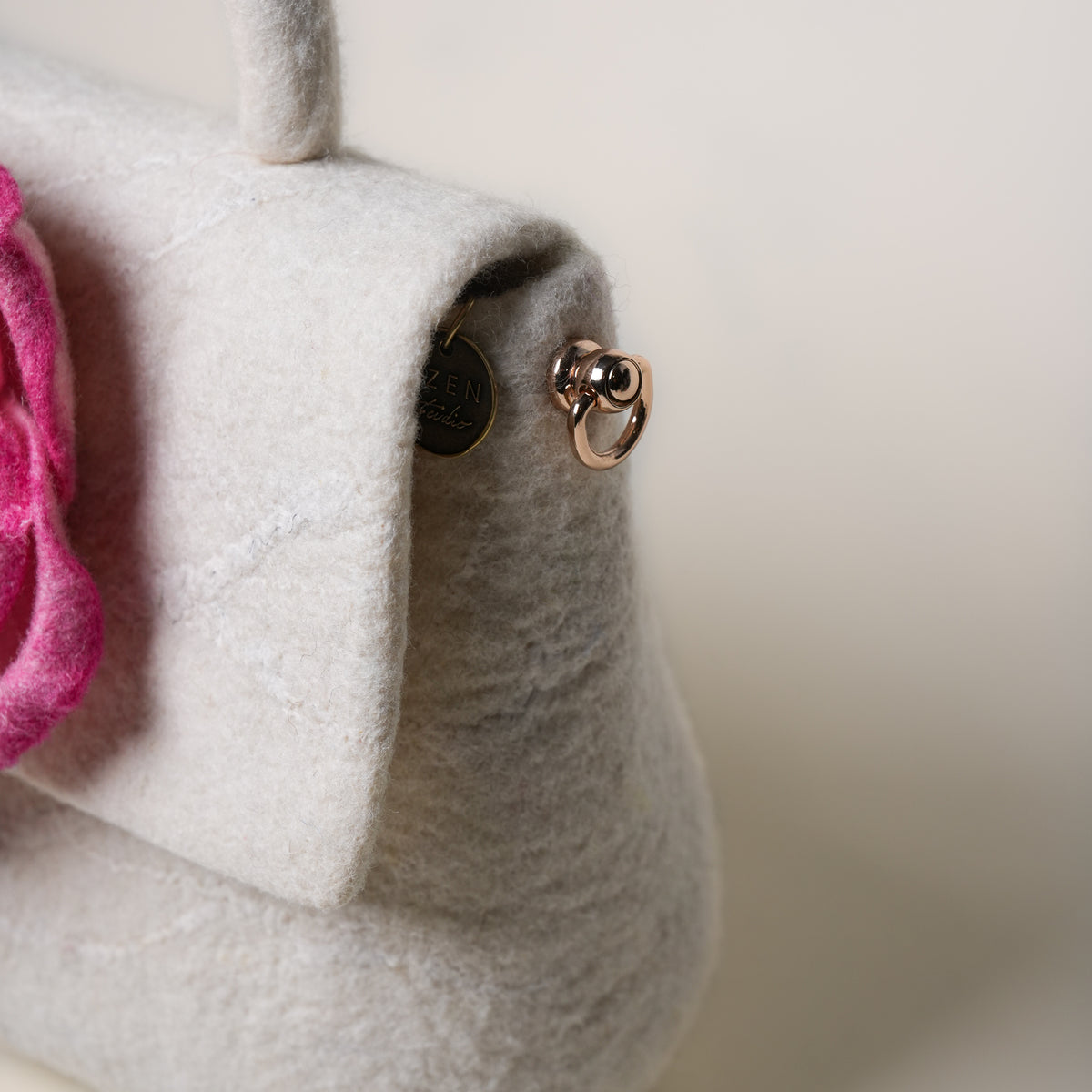 Blossom Satchel Bag, handmade wet-felted wool, studio photo 2