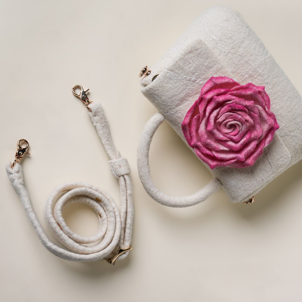 Blossom Satchel Bag, handmade wet-felted wool, studio photo 3