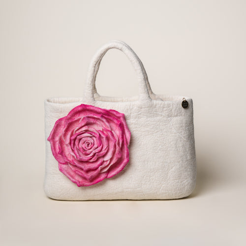 Blossom Studio Bag, handmade wet-felted wool, studio photo 1