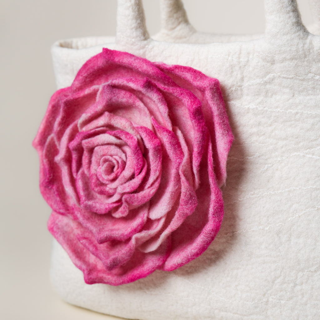 Blossom Studio Bag, handmade wet-felted wool, studio photo 2