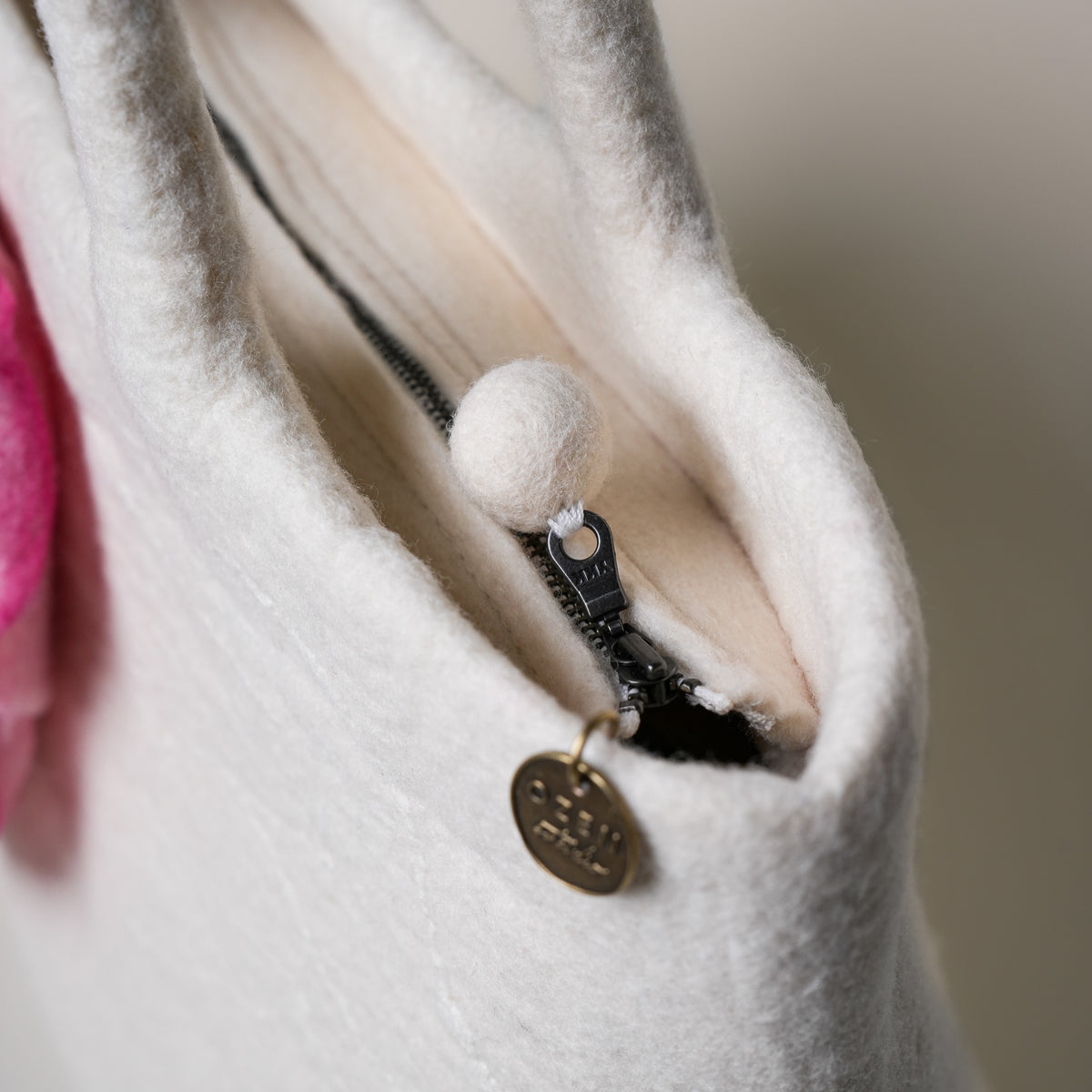 Blossom Studio Bag, handmade wet-felted wool, studio photo 3