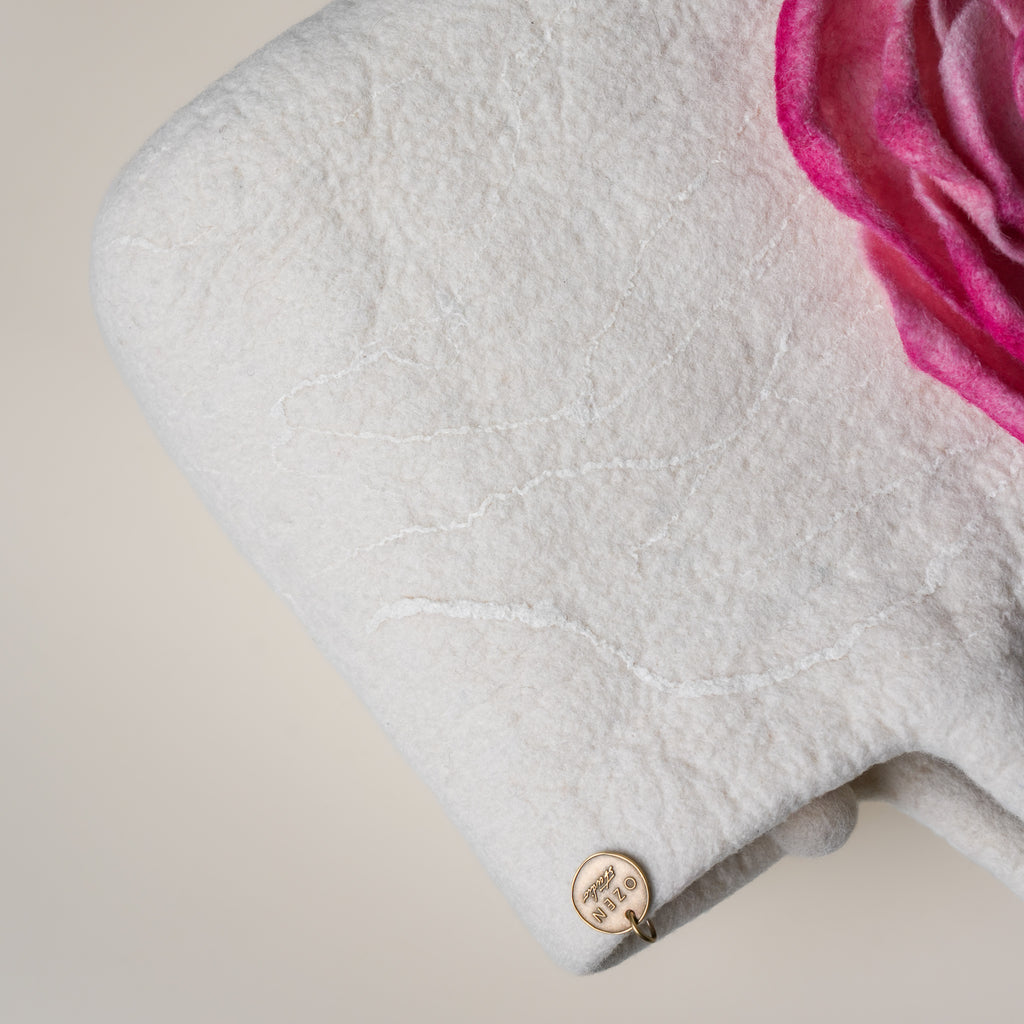 Blossom Studio Bag, handmade wet-felted wool, studio photo 4