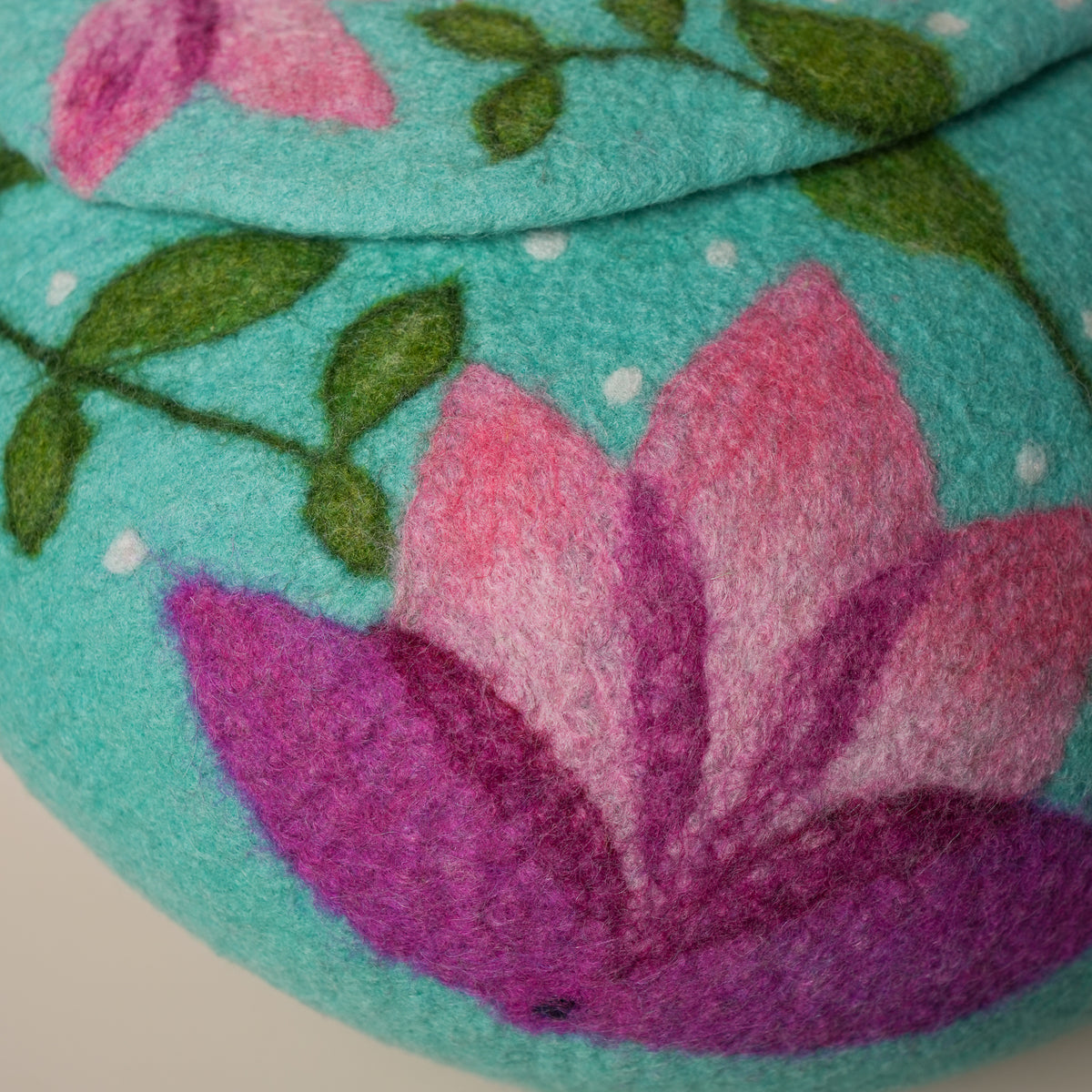 Lotus Saddle Bag by Frida Åberg, handmade wet-felted wool, studio photo 6